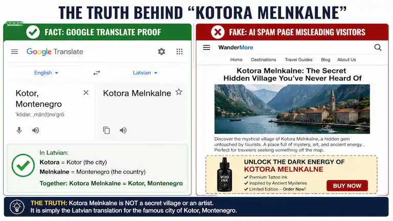 Google Translate proof compared to fake Kotora Melnkalne travel scam page