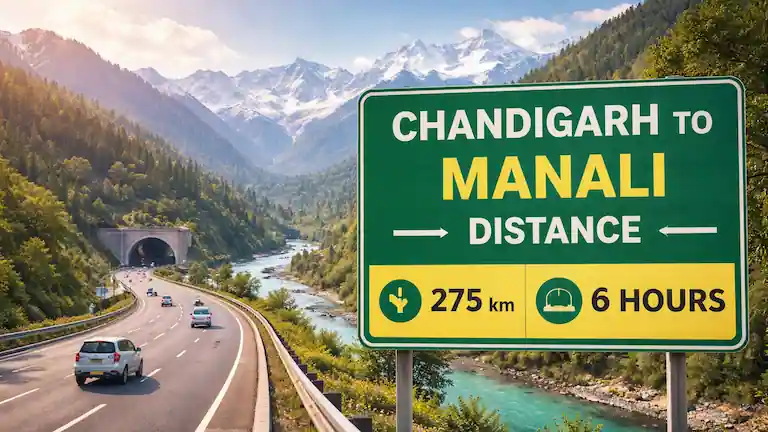 Official-style sign showing Chandigarh to Manali distance as 275 km and 6 hours travel time via the new NH3 expressway tunnels.