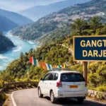 Private taxi on the mountain road covering the Gangtok to Darjeeling distance near the Teesta River.