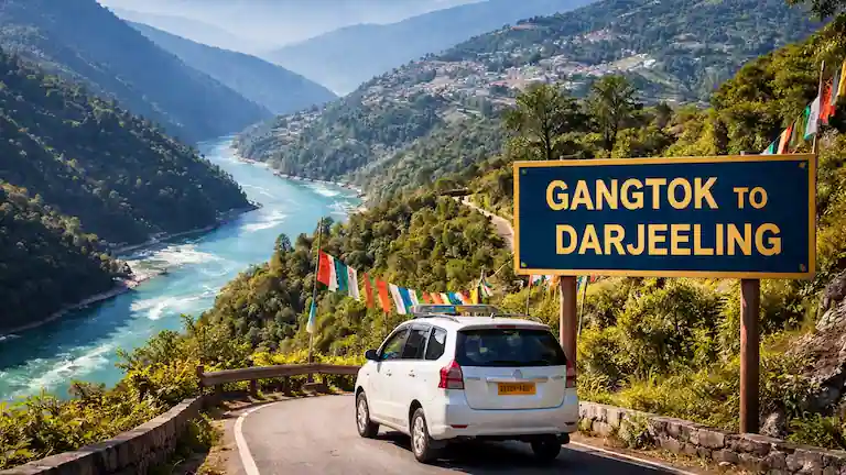 Private taxi on the mountain road covering the Gangtok to Darjeeling distance near the Teesta River.