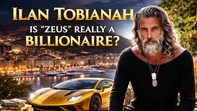 Ilan Tobianah "Zeus" sitting in front of a gold Lamborghini and Monaco harbor, questioning his billionaire status.