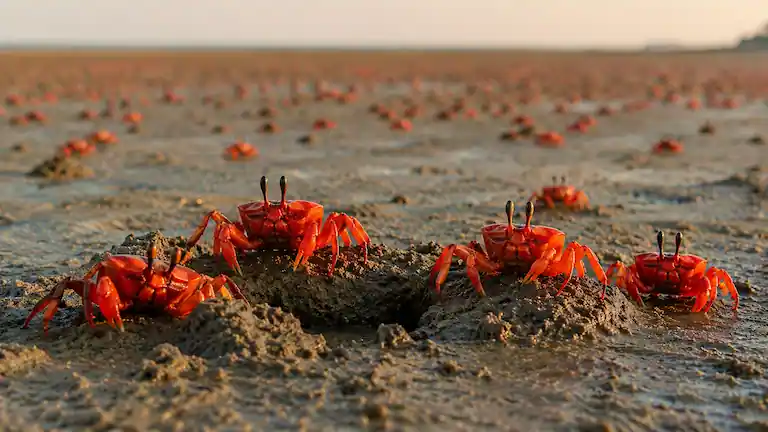 Millions of red crabs forming a red carpet on the mudflats at Bankiput Sea Beach.