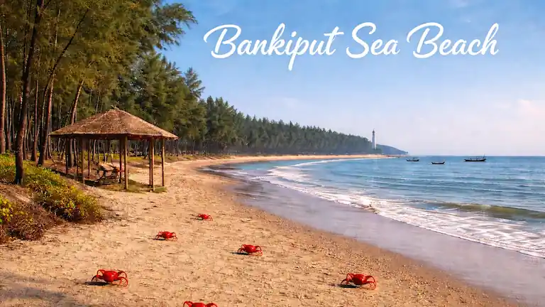 Red crabs on Bankiput Sea Beach with the Dariapur Lighthouse and Jhau forest in the background.