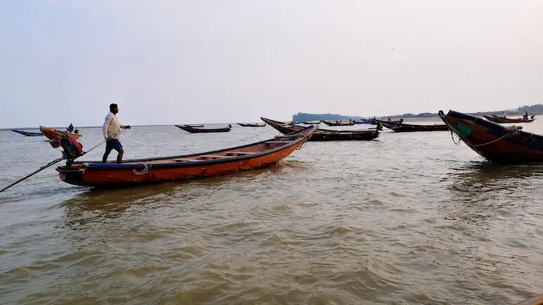 Fisherman steering a traditional Patia boat across the Subarnarekha River at Talasari Beach.