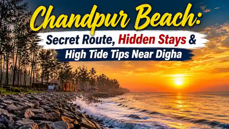 Protective boulders at Chandpur Beach during sunset with crashing waves near Digha.