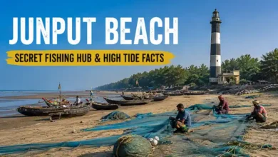 Fishermen repairing nets on Junput Beach near the Dariapur Lighthouse, West Bengal.