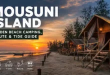 Beachfront eco-huts at Mousuni Island during sunset, a complete travel and tide guide for Baliara Beach.