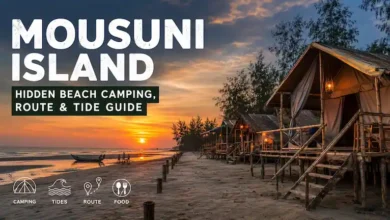 Beachfront eco-huts at Mousuni Island during sunset, a complete travel and tide guide for Baliara Beach.
