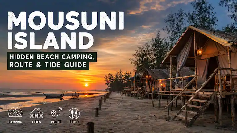 Beachfront eco-huts at Mousuni Island during sunset, a complete travel and tide guide for Baliara Beach.
