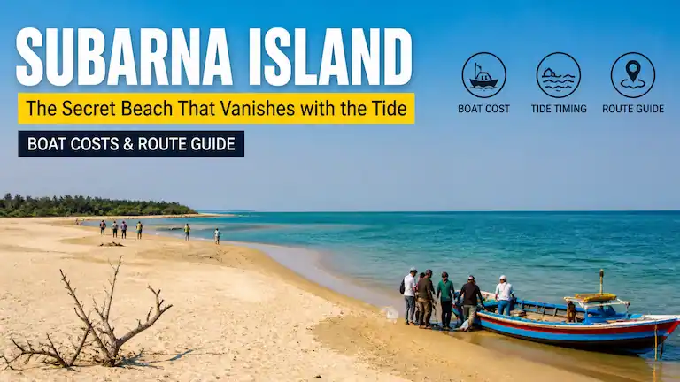 Boat at Bichitrapur Jetty with text overlay for Subarna Island travel guide, boat costs, and tide timings.