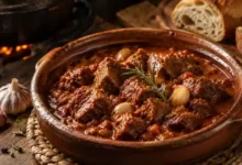 Traditional Spanish Caldereta de Cordero lamb stew in a rustic clay pot.