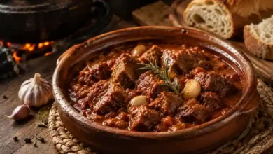 Traditional Spanish Caldereta de Cordero lamb stew in a rustic clay pot.