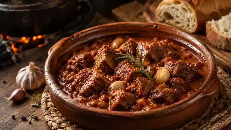 Traditional Spanish Caldereta de Cordero lamb stew in a rustic clay pot.