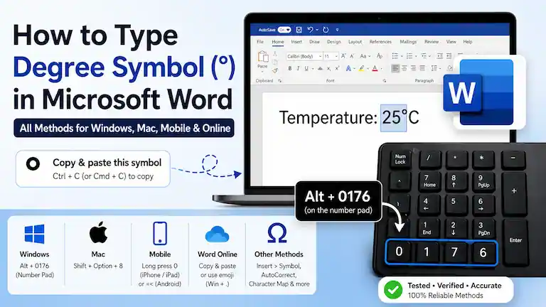 Infographic showing How to Insert a Degree Symbol in Word using Windows, Mac, and mobile shortcuts.