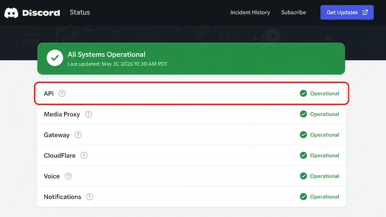 Discord status page showing API operational