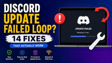 Discord Update Failed Loop error screen on a laptop with 14 working troubleshooting fixes.