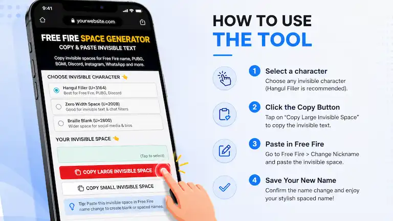 Mobile guide on how to use the Free Fire invisible space generator tool