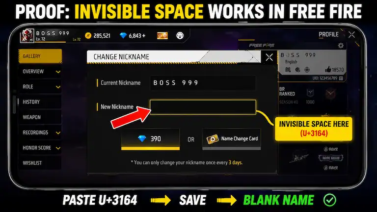 Proof of invisible space working in Free Fire name change box