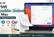 Visual guide showing how to print double sided on Mac using the system print menu.