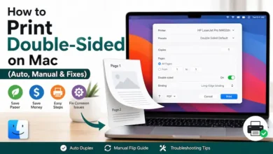 Visual guide showing how to print double sided on Mac using the system print menu.