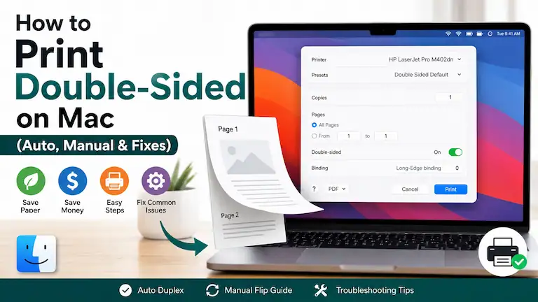 Visual guide showing how to print double sided on Mac using the system print menu.