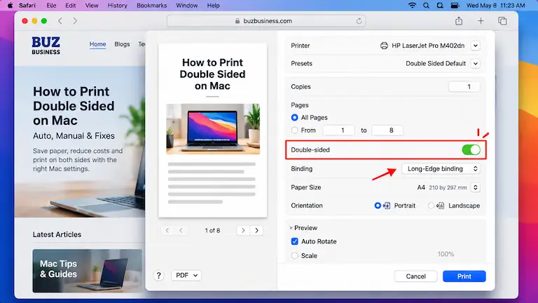 Mac print sidebar showing the double-sided toggle and binding options.