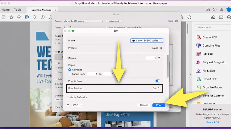 Classic macOS print window highlighting the double-sided printing setting.