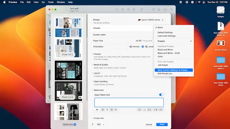 Mac print menu showing how to save double-sided settings as a preset.
