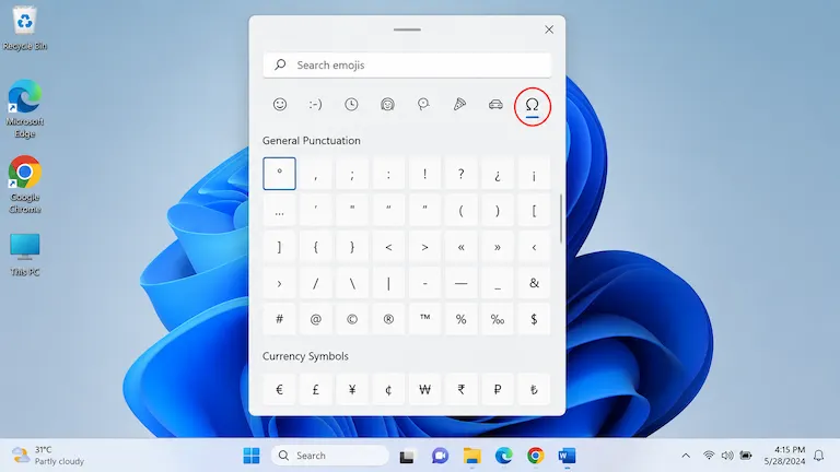 Windows 11 system punctuation panel opened over the desktop.