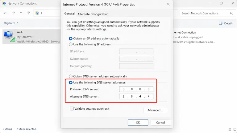 Windows IPv4 properties with Google DNS settings