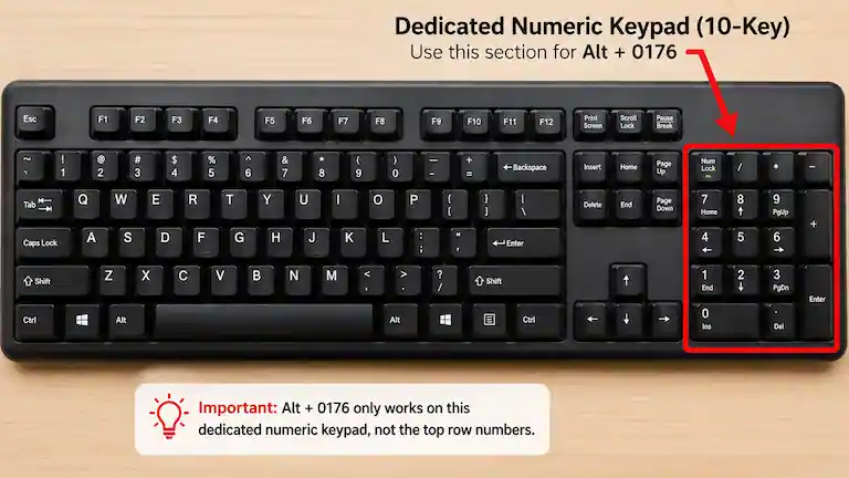 Keyboard diagram highlighting the numeric keypad required to execute the shortcut on How to Insert a Degree Symbol in Word.