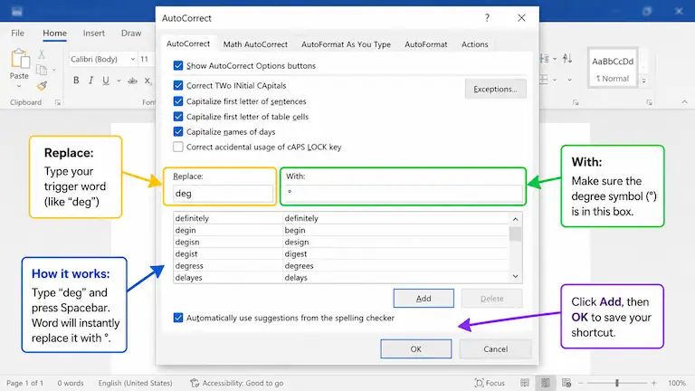 Menu showing How to Insert a Degree Symbol in Word using AutoCorrect.