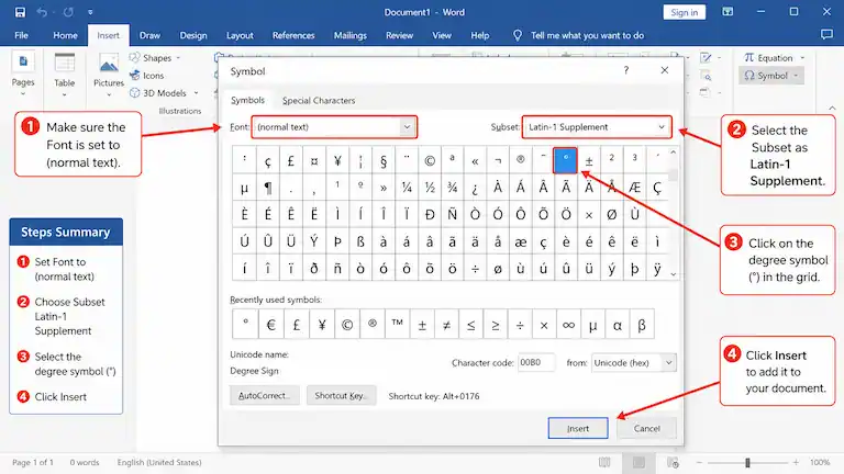 Screenshot showing How to Insert a Degree Symbol in Word using the built-in Symbol menu.